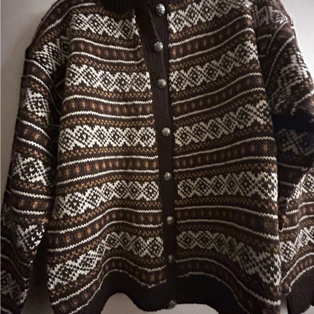 Nordic Patterned 100% Wool Button Up Sweater Size M Vintage Knit Cardigan - Picture 2 of 5